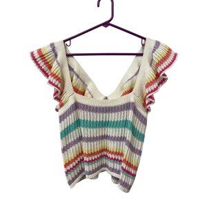 Weekend Los Angeles Top Size Medium Ruffle Sleeve Square Neck Crochet Knit Cozy